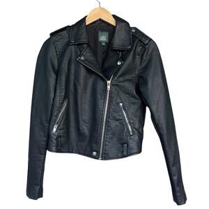 Wild Fable Jacket Womens Small Black Faux Leather Moto Biker Zip Pockets Vegan